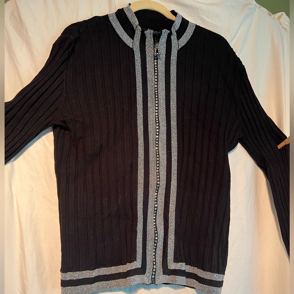 Winter Fontana black zip up sparkle ribbed sweater jacket women’s XL